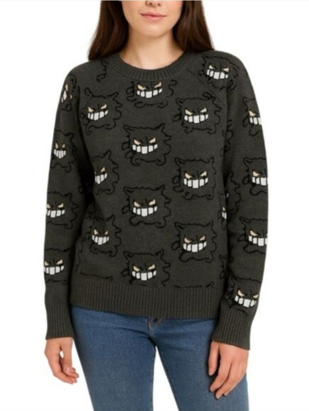 Gengar Pokemon Kawaii Harajuku Crew Neck Knit Sweater Womens Small Heavy Gray